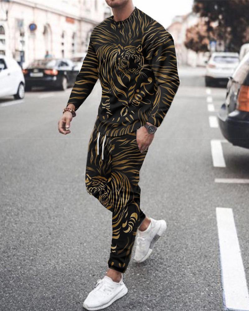 Long Sleeve Sports Two Piece Round Neck Casual Print Men's Sweater Suit Top