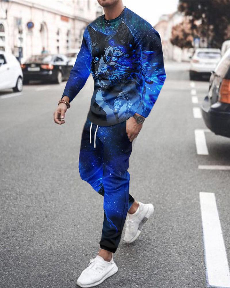 Long Sleeve Sports Two Piece Round Neck Casual Print Men's Sweater Suit Top