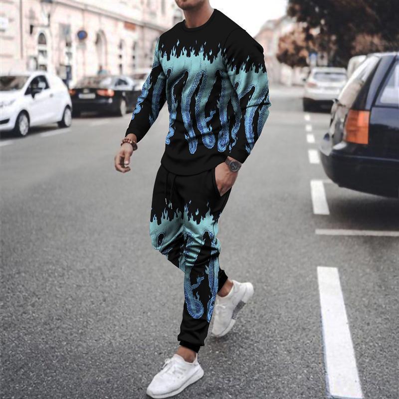 Long Sleeve Sports Two Piece Round Neck Casual Print Men's Sweater Suit Top